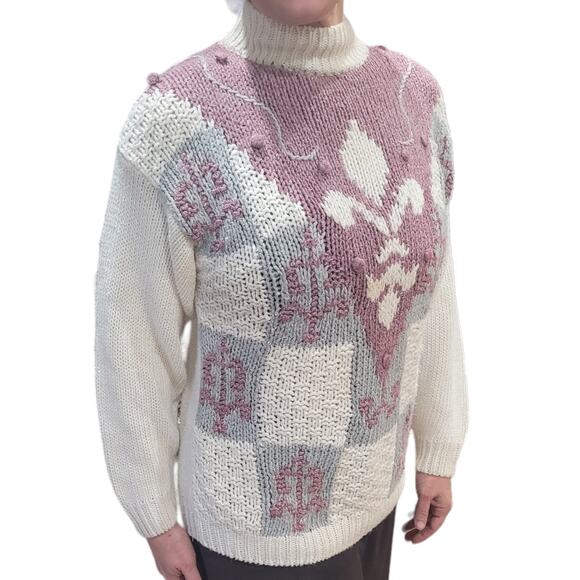 Vintage Country Concepts Pastel Floral Fleur-de-lis Sweater Sz Medium Ramie - Picture 10 of 10